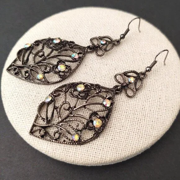 Dark metal dangle earrings with aurora borealis bead accents - Picture 6 of 10